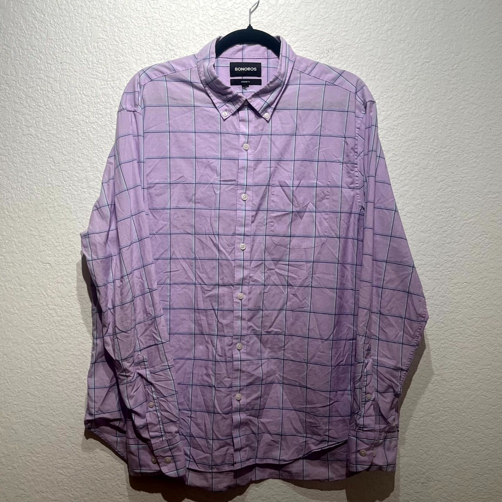 Bonobos Shirt Mens Large Purple Windowpane Check Standard Fit Casual Button Down
